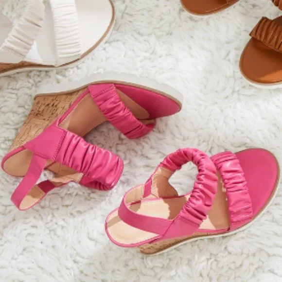 PIEPIEBUY Flirty Ruched Faux Leather High Cork Wedge Sandals   NEW IN BOX! - Picture 5 of 8